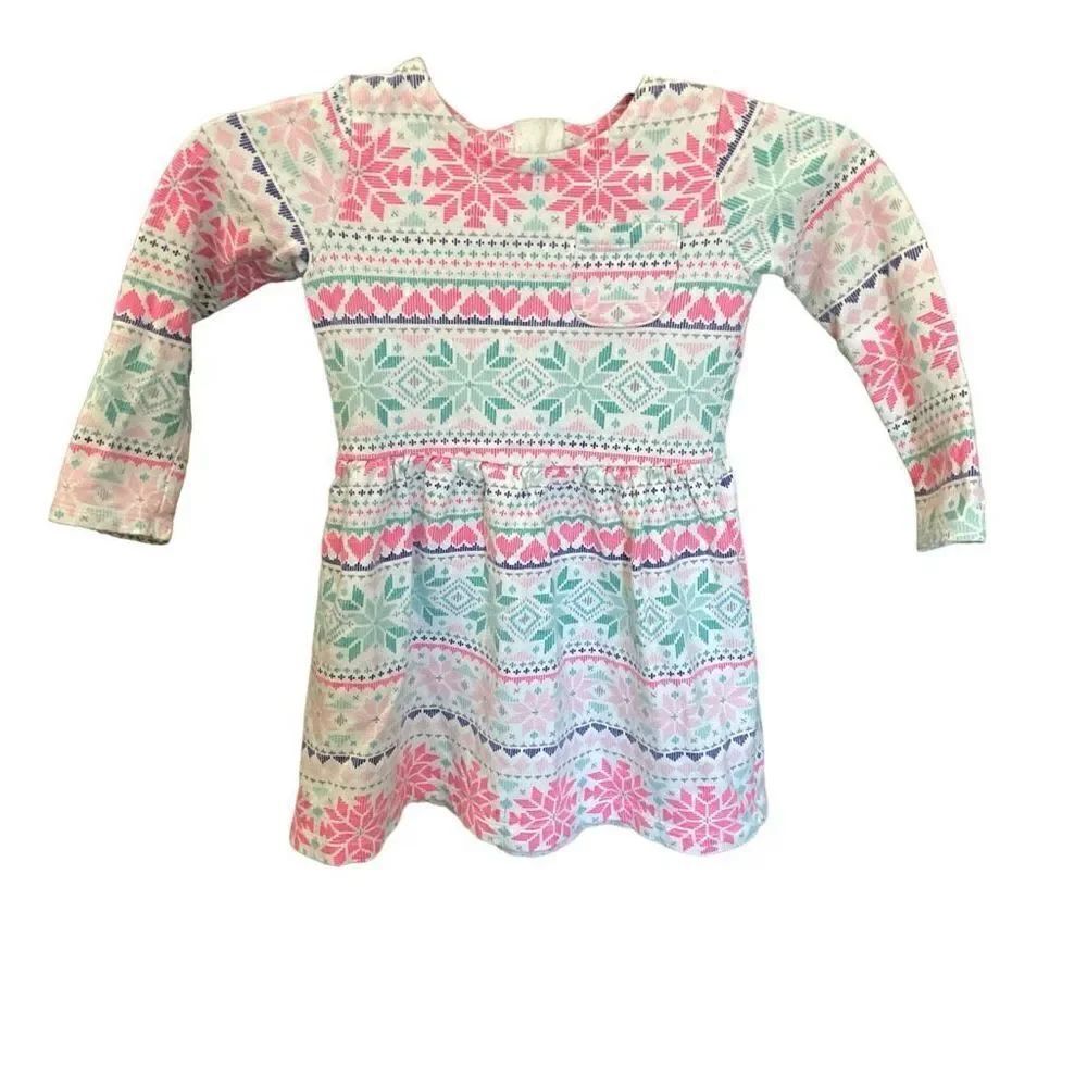 Carters Girls Dress Children’s Long Sleeve Zip Back White Aqua Pink Snowflake 3T